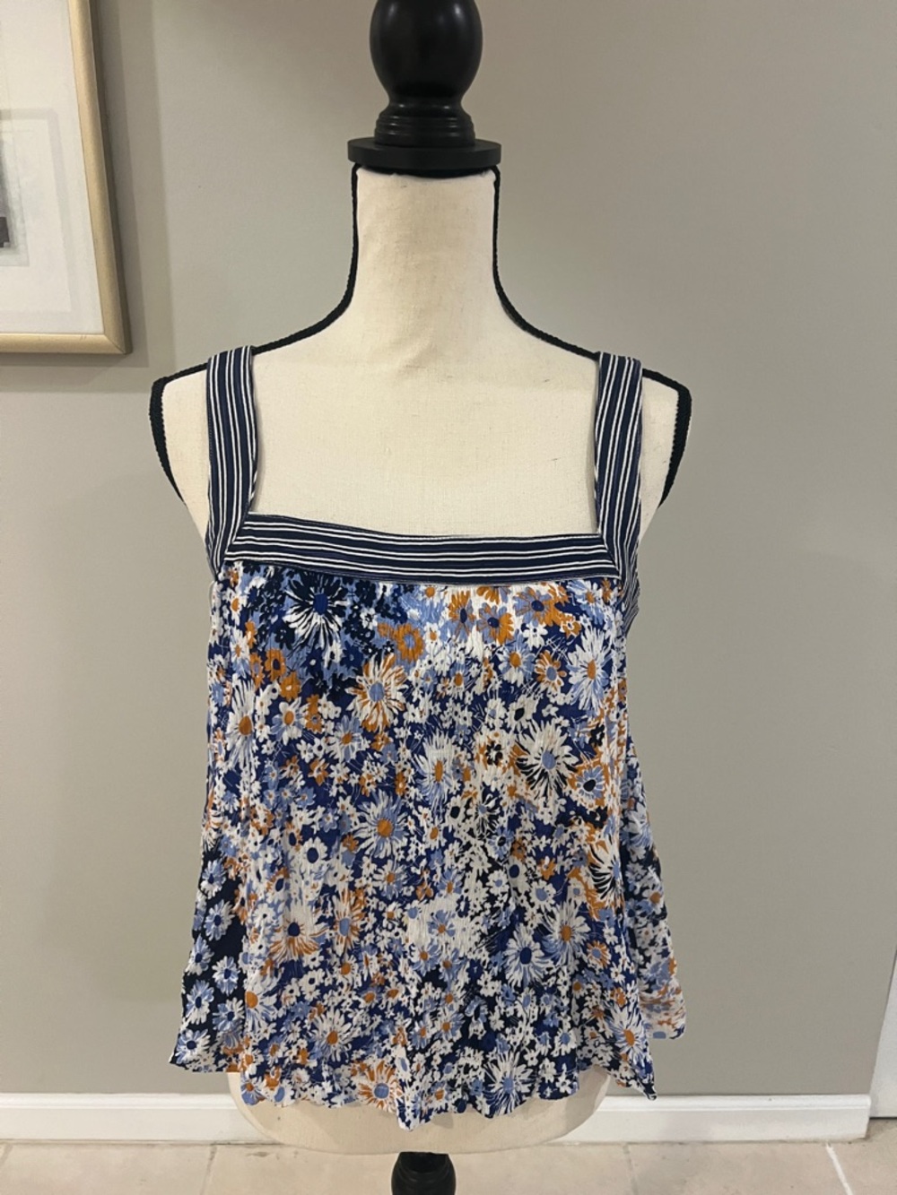 Anthropologie by Maeve Navy and Mustard Floral Square-Neck Cami w/ Striped Trim